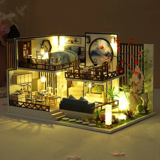 New Chinese Style Casa Luxury Two-story Duplex Loft Model Handmade Dollhouse Wooden Miniature Doll House Kit with Furniture Toys