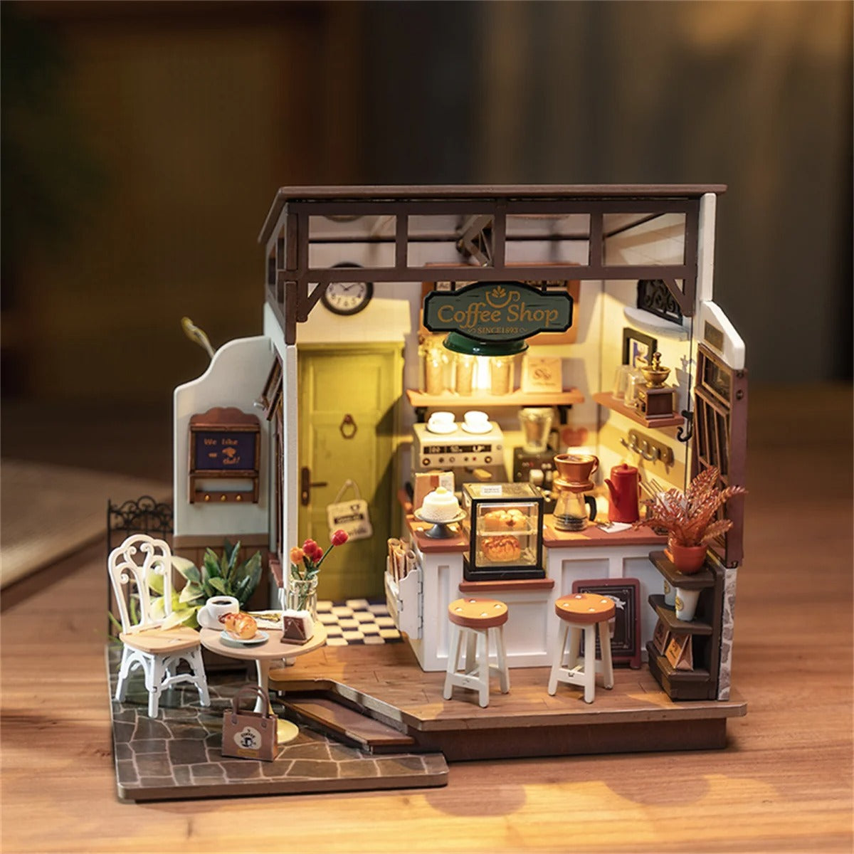 Robotime Rolife Coffee Shop Miniature Dollhouse Kit with LED Lights - DIY Crafts for Adults, Birthday Gifts and Hobbies DG162