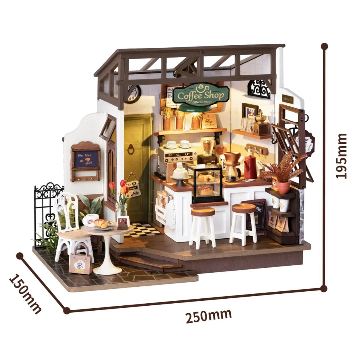 Robotime Rolife Coffee Shop Miniature Dollhouse Kit with LED Lights - DIY Crafts for Adults, Birthday Gifts and Hobbies DG162